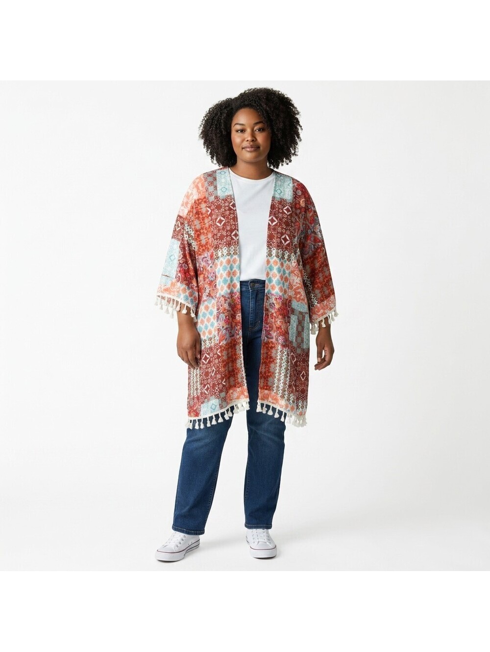 Tees2urdoor Top Women 2x Plus Red Geometric Open Front 3/4 Sleeve Fringe Casual